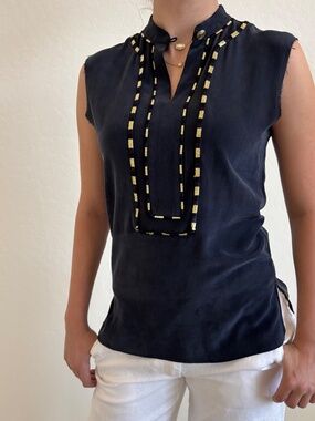 Pierre Balmain navy 100% silk tunic blouse with gold-embroidered trim, Size XS